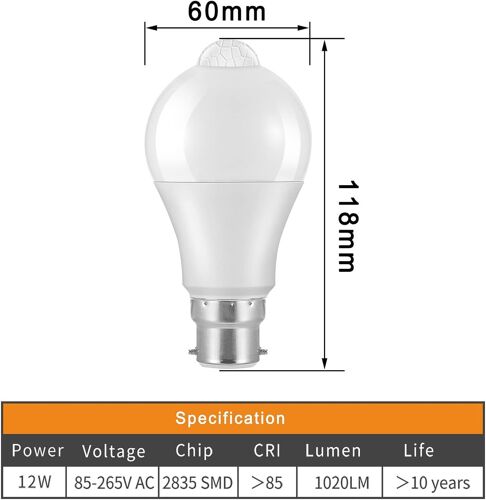 Ampoule Detecteur De Mouvement B22 Baïonnette Led, 12w, 1020lm, Blanc Froid 6000 K, Cir > 85, Étanches Ip42 À Économie D'énergie, Non Dimmable, Ampoule À Détecteur De Mouvement