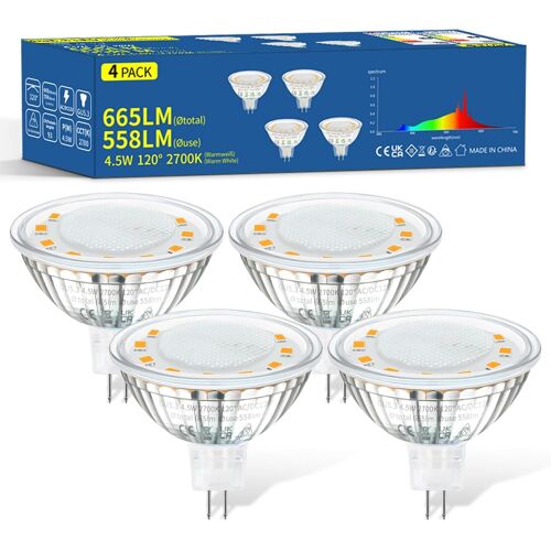 Kalanka-Mr16 Led,Ampoule Led Gu5.3 Blanc Chaud Cri> 90ra, Lot De 4,Gu5.3 Led Ac/Dc 12v 4.5w Remplace Ampoule Halogène 50w,558lm 2700k Température Couleur Led Non Dimmable,Faisceau De 120 °
