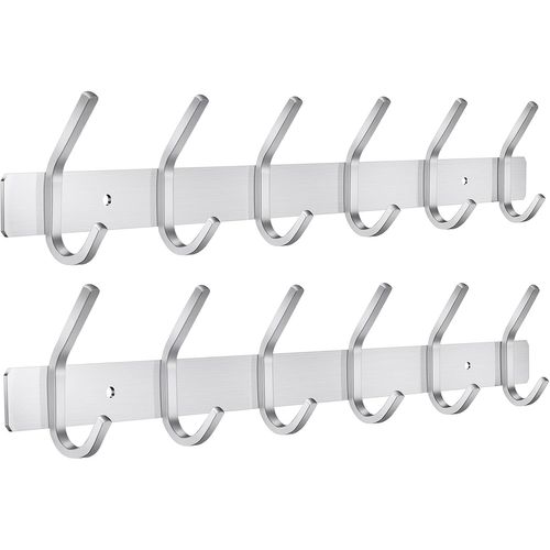 TIANYI-Porte Manteau Mural, Patères Porte Manteaux en Acier Inoxydable Crochet Mural pour Chambre Salle de Bain Cuisine (6-Crochet 2pcs, Argent)