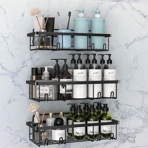 Loc-Etagère Douche Sans Percage,Lot De 3 Etagere Salle De Bain Rangement Salle De Bain Sans Percage,Accessoire De Salle De Bain En Acier Inoxydable 304,Rangement Douche Noir
