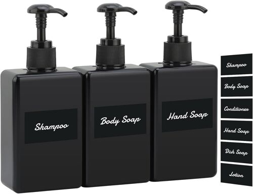 Distributeur Savon,3 Pièces 280ml Flacon Pompe Vide,Bouteilles Shampooing Vide en Plastique,Flacon Pompe Rechargeable avec Étiquette,Soap Dispenser pour Salle de Bain