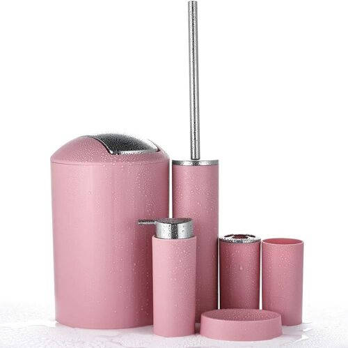 Cmjaagur-Accessoires De Salle De Bains Conception Moderne D'un Ensemble De 6 Pièces En Plastique Set De Savon Émulsion Boîte À Dents Tasse De Toilette Poubelle (Rose)[M100]