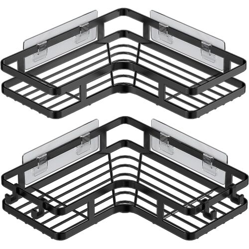 JEXNOVASHOP-Etagère d'Angle Sans Perçage, 2 Pièces Rangement Salle De Bain avec 4 Crochets, Support Gel Douche et Porte Shampoing