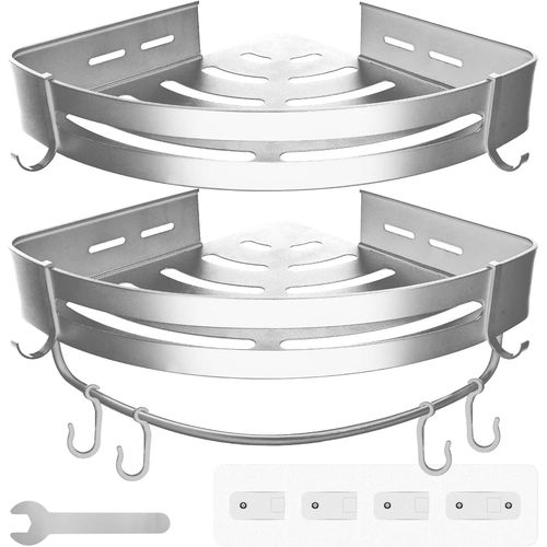 Étagères Salle De Bain D'angle Sans Perçage En Métal-2 Étagères Douche Antirouille-Accessoires Salle De Bain : 8 Crochets + 1 Porte Serviette-Rangement Douche Ou Cuisine Couleur Argentée
