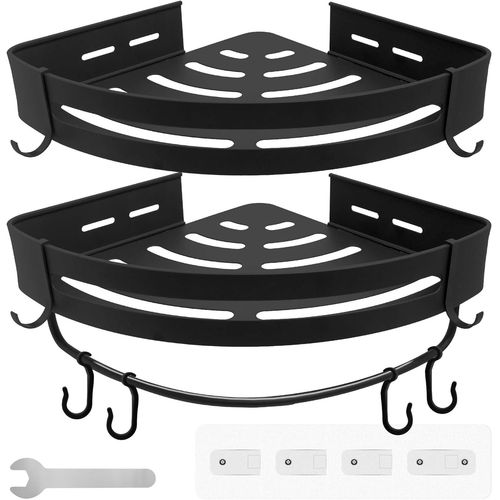 Étagères Salle De Bain D'angle Sans Perçage En Métal-2 Étagères Douche Antirouille-Accessoires Salle De Bain : 8 Crochets + 1 Porte Serviette-Rangement Douche Ou Cuisine Couleur Noire