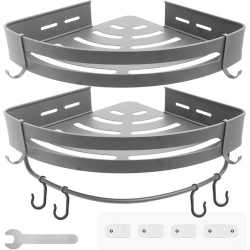 Étagères Salle De Bain D'angle Sans Perçage En Métal-2 Étagères Douche Antirouille-Accessoires Salle De Bain : 8 Crochets + 1 Porte Serviette-Rangement Douche Ou Cuisine Couleur Grise