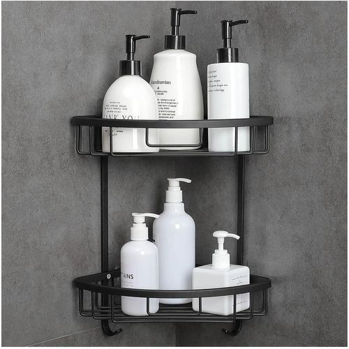 Loc-Etagère De Douche D'Angle Sans Perçage Aluminium Rangement Salle De Bain Autocollant Rangement Douche Antirouille Avec 2 Crochets Pour Salle De Bains 2 Niveaux Noir