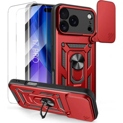 Coque + 2 Verres Trempés pour iPhone 17 Pro, Rigide avec Anneau et Protection Caméra Coulissante - Rouge - EFConnection