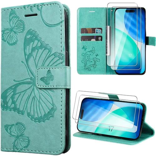 Coque + 2 Verres Trempés Pour Iphone 17, Protection Antichoc Cuir Synthétique Motif Relief Papillon Vert - Efconnection