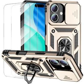 Coque + 2 Verres Trempés Pour Iphone 17, Protection Avec Anneau Arrière Rigide Bordure Renforcée - Doré - Efconnection