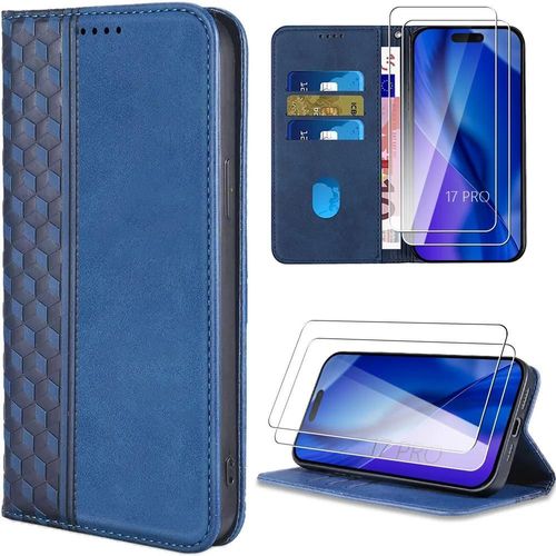 Coque + 2 Verres Trempés Pour Iphone 17 Pro, Antichoc Anti-Rayures Effet Cuir Motif Mosaïque Bleu Marine - Efconnection