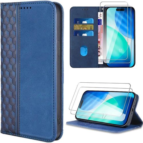 Coque + 2 Verres Trempés Pour Iphone 17, Flip Case Synthécuir Antichoc Motif Mosaïque - Bleu Marine - Efconnection