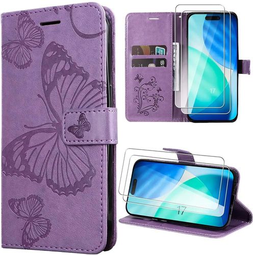Coque + 2 Verres Trempés pour iPhone 17, Antichoc Cuir Synthétique Motif Papillon - Violet - EFConnection