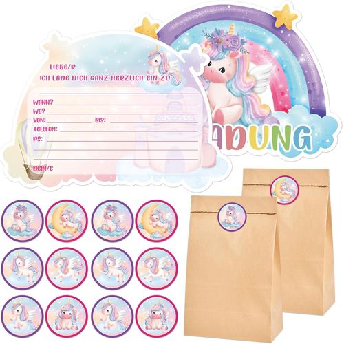 Lbgwp60-Lot De 10 Cartes D'invitation Licorne Pour Anniversaire D'enfant Fille Avec Pochettes Cadeaux Et Autocollants Licorne, Carte D'anniversaire Licorne