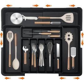 Lbgwp60-2025 Range Couverts,Rangement Couvert Extensible,Ajustable Pour Tiroir Cuisine,Organisateur Tiroirs,Range Couverts Pour Tiroir,Extensible 56 Cm Rangement Tiroir(Noir Avec Porte-Couteau)
