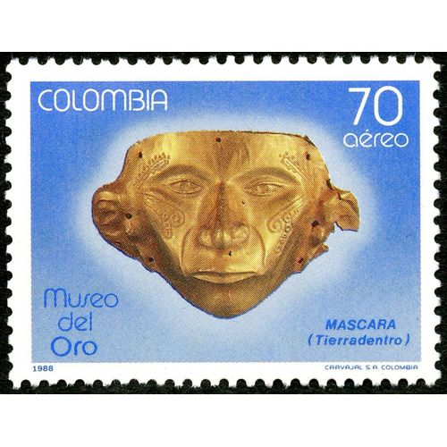 Timbre Colombia, Museo Del Oro, Mascara, Tierradentro, 1988, 70, Aéreo