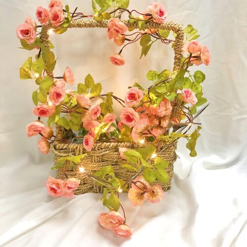 KAL-Guirlande Lumineuse À Piles Rose Fleur Vis Plantes Lumières Décoratives Guirlande Rose Pour Fête De La Saint-Valentin, Fête Des Mères, Décoration De Noël (2 M/20 Led, 69 Fleurs-Rose)