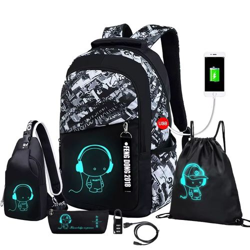 Ensemble Sac à Dos Lumineux Garçon – USB Recharge, 5 Pièces, Grande Capacité, Antivol, Idéal Collège/Lycée, Style Graphique