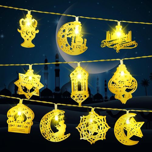 Guirlande Lumineuse Ramadan, 1.5m 10led Ramadan Décoration Lumineuse A Pile Étoile Lune Lumières Avec Minuterie Étanches Ip65, Pour Ramadan Aïd Maison Chambre Jardin In/Extérieur, Blanc Chaud