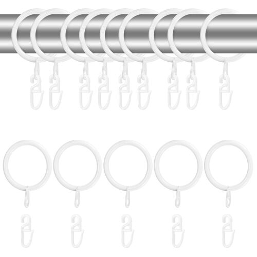 KALANKA-24 Pièces Anneaux de Rideau en Métal Blanc et Crochets en Plastique - 30 mm Diamètre Intérieur pour Suspendre Rideaux, Douche, Porte, Fenêtre et Tringles
