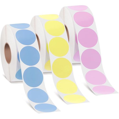Gommettes Autocollantes Gomettes Gommette Autocollante Ronde Étiquettes Thermiques 1500pcs 3 Rouleaux D'autocollants Thermiques Ronds, Rouleau Rond Imprimable Papier (Jaune Rose Bleu)