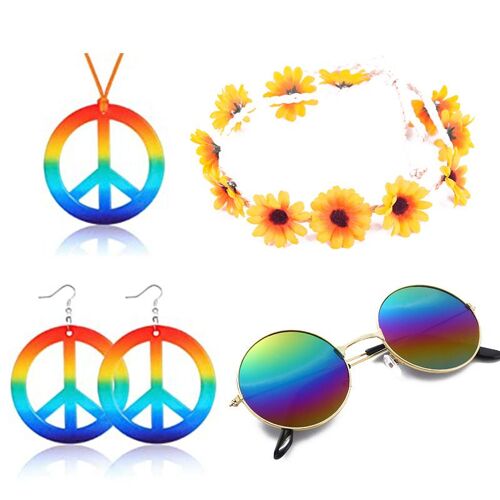 Pc Hippie Costume Ensemble D'accessoires Comprenant Arc-En-Ciel Signe De Paix De Collier, Boucles D'oreilles, De Tournesol Bandeau Et Ronde Lunettes De Soleil Hippie, Années 60, Années 70, Des Tenues Pour Les Enfants Filles Garçons Femmes