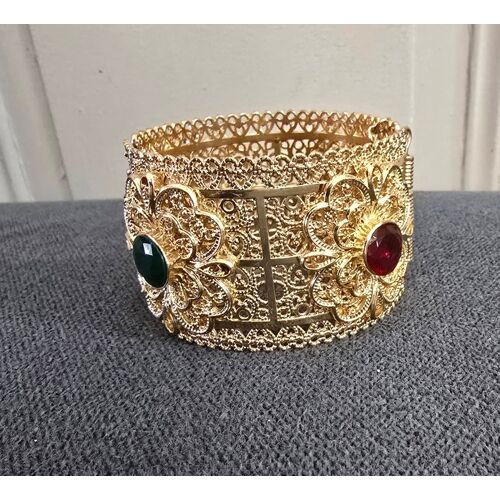 Bracelet Manchette Oriental Motif Filigrane Pierre Rouge Et Verte Soiree Mariage