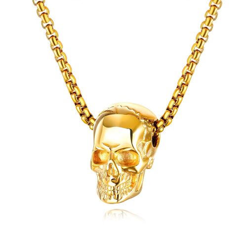 Collier Cadeau Avec Tête De Mort En Acier Titane Doré 55 Cm