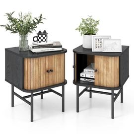 Costway Lot De 2 Table De Chevet - Portes Coulissantes - Pieds En Métal - Design Milieu Du Siècle - Pour Chambre, Salon, Noir