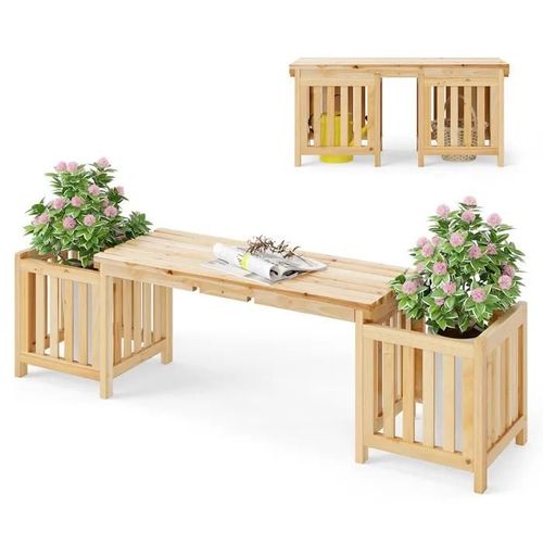 2 En 1 Jardinière En Sapin Avec Banc Costway, Siège Décoratif 2 Places, 2 Bacs À Fleurs Latéraux, Conception À Fentes, Charge 300kg
