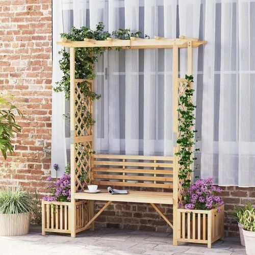 Jardinière À Rosiers Avec Banc En Bois Sapin Costway, Siège Décoratif 2 Places Avec Pergola, Treillis Latéral Pour Plante Grimpante