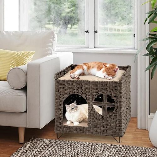 Costway Maison Pour Chat Intérieur À 2 Niveaux Pliable, Cadre En Rotin Pe, Perchoir Élevé, Coussins Amovibles, 50,5 X 45 X 50 Cm
