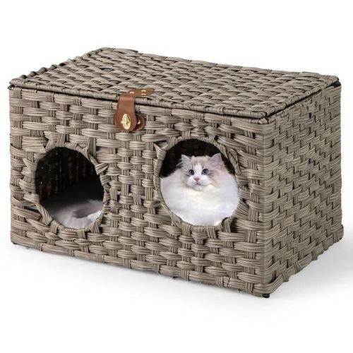 Maison Pour Chat Intérieur Costway, Cadre En Rotin Pe, Coussin Amovible, Couvercle Verrouillable, Pour Salon Balcon, 60 X 35 X 35cm