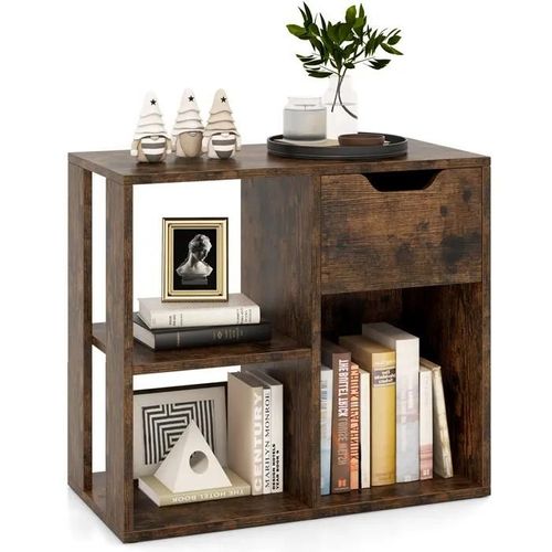 Bibliothèque À 3 Cubes Avec Tiroir Coulissant Costway, Meuble De Rangement En Bois À 2 Niveaux Pour Bureau Salon Chambre, Marron
