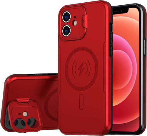 Coque magnétique pour iPhone 12 (rouge), compatible avec MagSafe, anneau de support intégré pour appareil photo, coque robuste et résistante aux chocs, style militaire, pour iPhone 12