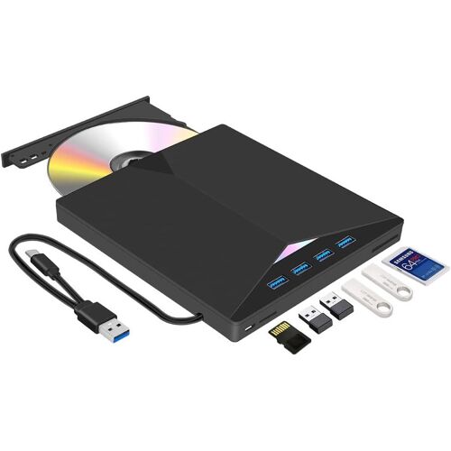 Lecteur et Graveur DVD/CD-ROM Externe USB 3.0 et Type-C avec Lecteur de Carte SD/TF et de USB, CD-RW VCD pour Windows 7/8/10/ Vista/XP/Mac OS, Laptop, Desktops