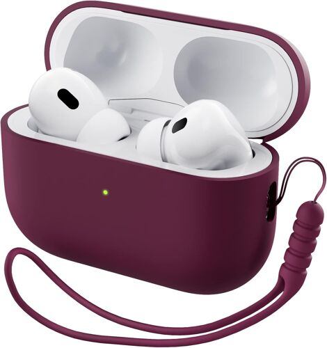 LORANKA-Coque en Silicone pour AirPods Pro 2 (2022) - Protection Antichoc avec Corde pour 2ème Génération [Protection Complète] - Vin Rouge