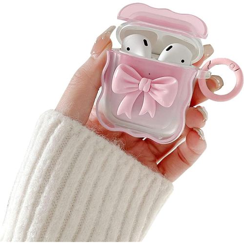 Compatible avec Coque AirPods 2 et Coque AirPods 1 Aesthetic Couleur Cute Arc Bow Wave Design Transparente Etui avec Porte-clés Mignon Wave Femme Fille TPU Case - Rose