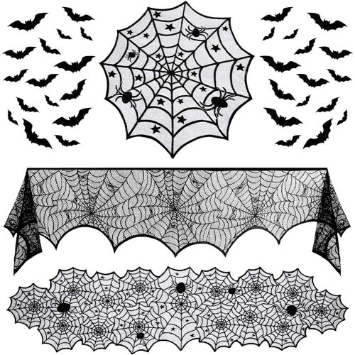 Doux et résistant - Décoration d'Halloween - pour fête, salon, salle à manger, cheminée, écharpe, manteau de cheminée - Chemin de table en dentelle motif toile d'araignée