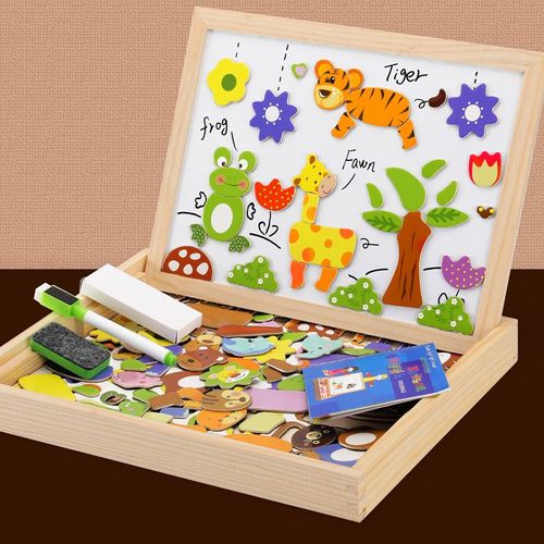 Magnétique en Bois Puzzles de 100 Pièces, Double Face Aimant Conseil, Planche à Dessin Coloré Stylos Craies, Jouet Éducatif pour les Enfants de 3 ans et Jusqu'
