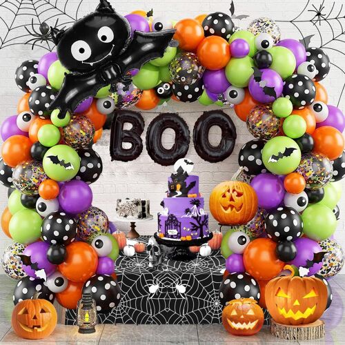 Halloween Décoration, Halloween Ballon Arc, Noir, Orange, Vert et Violet Ballon Garland, Spider Net, les Yeux des Ballons, des chauve-souris Ballons pour la Fête d'Halloween Décoration
