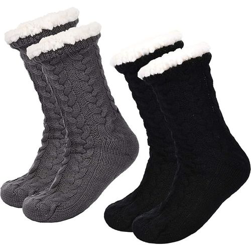 2 Paires De Femmes Chaudes Chaussettes Chaussons De Noël Floue Chaussettes De Laine Doublée De La Non-Dérapant Chaussettes-Pantoufles