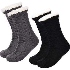 2 Paires De Femmes Chaudes Chaussettes Chaussons De Noël Floue Chaussettes De Laine Doublée De La Non-Dérapant Chaussettes-Pantoufles