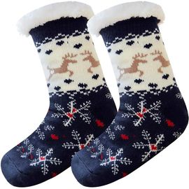 Femmes Chaussons Chaussettes D'hiver En Laine Pantoufles Chaudes Confortables Thème De Noël Avec Anti-Dérapant Poignées Tibétain Cyan