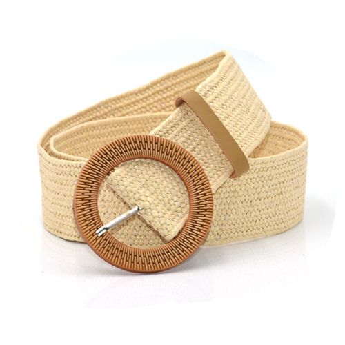 2 Morceaux De Femmes Paille Tissée Élastique Ceinture Extensible Ceinture Skinny Robe Tressée Ceinture De Taille En Bois De Style Boucle