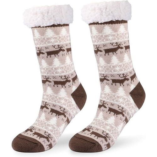 Chaussons Chaussettes De Noël, Les Chaussons Chaussettes Avec Doublure En Molleton Doux, Anti-Dérapant Femmes Chaussettes Chaudes Thermique Confortable Et Respirante Pour Un Usage Quotidien (Brun)