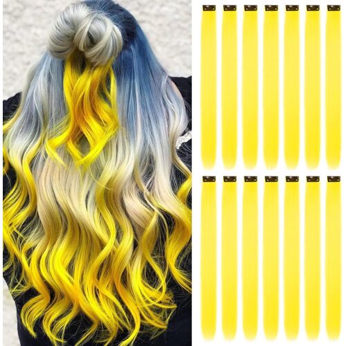TIANYI-16pcs Extensions a Clip Cheveux Couleur, Mèches Cheveux Colorées Postiches Raides et Longues Synthétiques Résistants à La Chaleur Fête Accessoires Cheveux Fille (22Inch,Jaune)