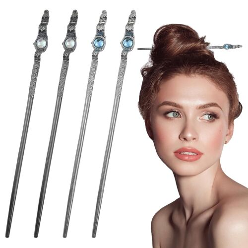Lot de 4 bâtons à cheveux en pierre de lune pour chignon, fourchettes à cheveux en métal brillant, style chinois, accessoires élégants et vintage pour cheveux longs, pour femmes et filles