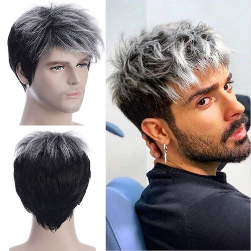 Perruques Synthétiques Courtes Noires Et Grises Pour Homme, Perruques Superposées Avec Frange, Pour Déguisement D'halloween