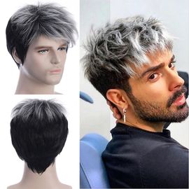 Perruques Synthétiques Courtes Noires Et Grises Pour Homme, Perruques Superposées Avec Frange, Pour Déguisement D'halloween